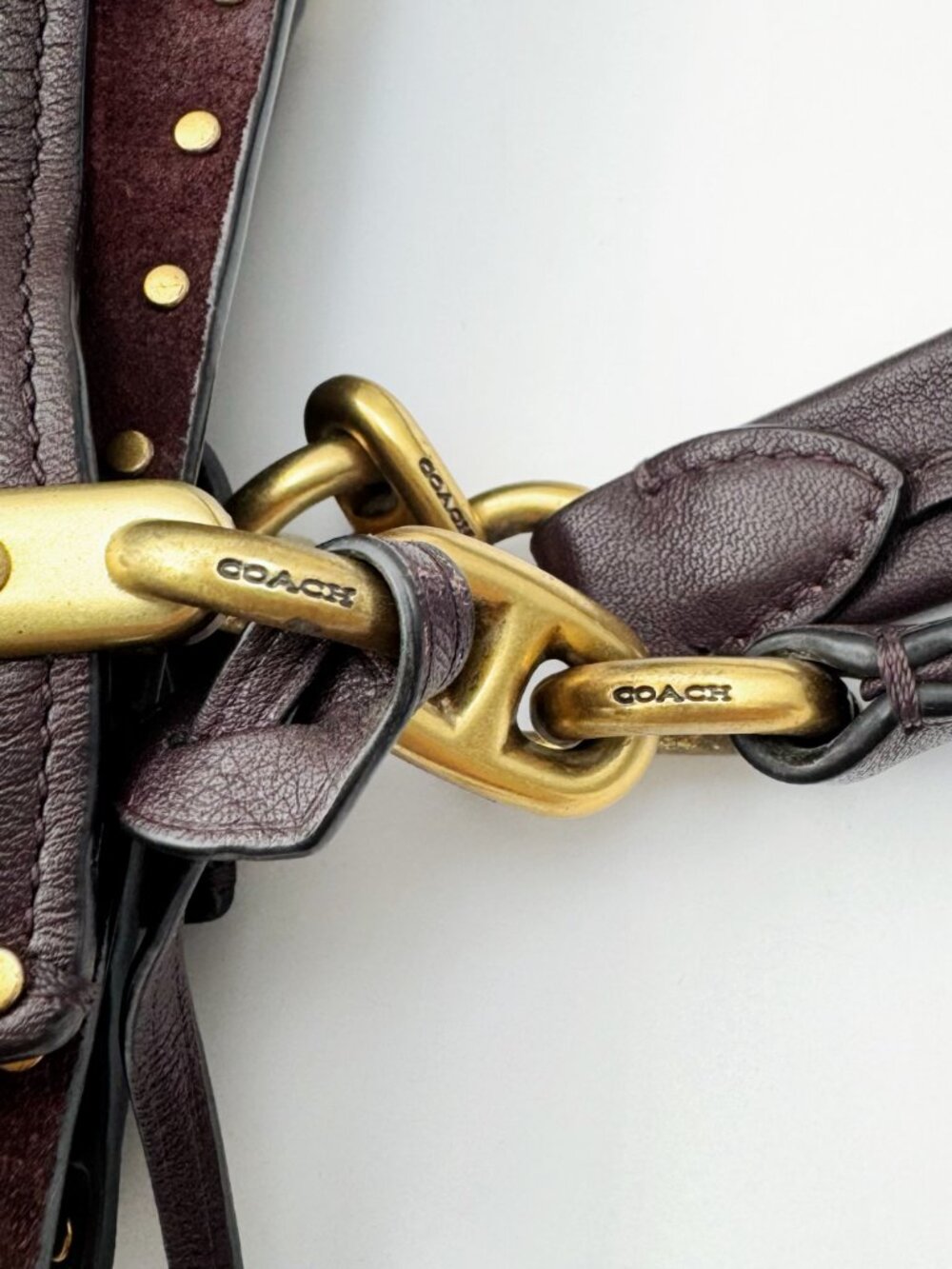 Coach Dark Brown Leather Studded Satchel with Gold Hardware - Picture 9 of 14